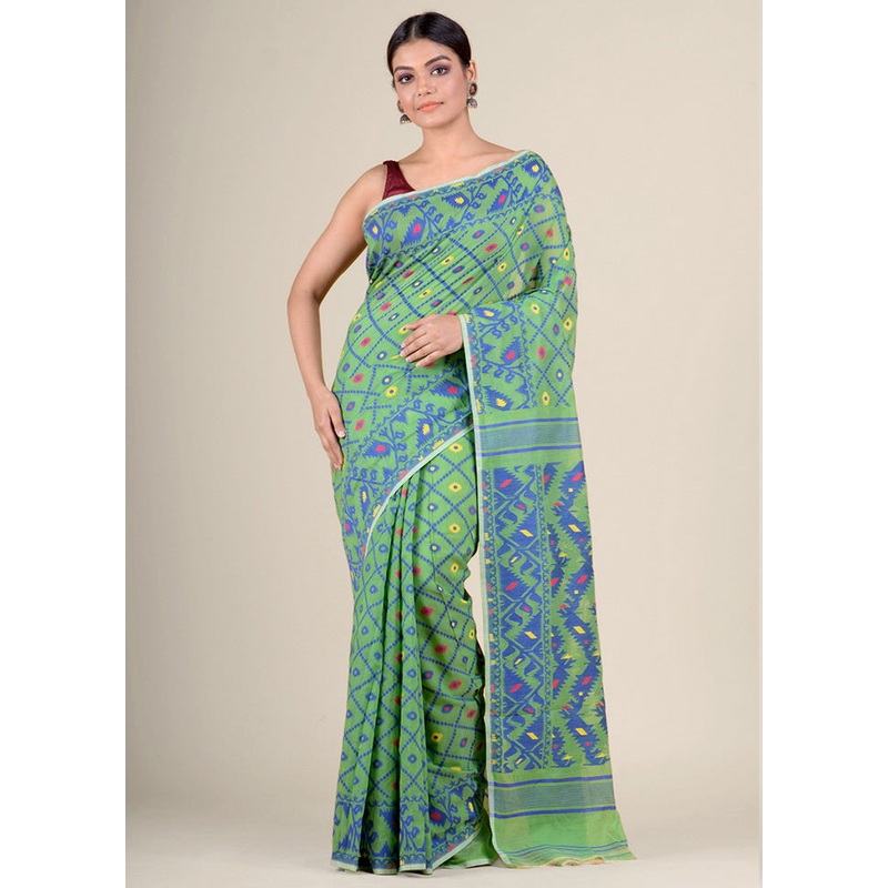 Green Woven Tant Jamdani Silk Saree Without Blouse Piece - JD986595720