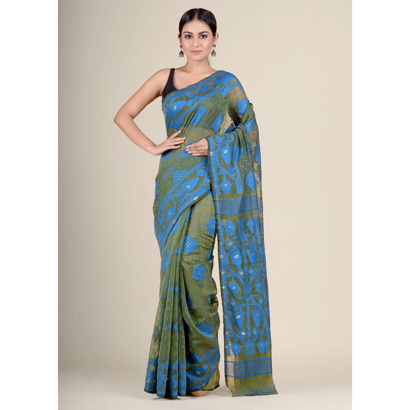Green Woven Tant Jamdani Silk Saree Without Blouse Piece - JD986595721