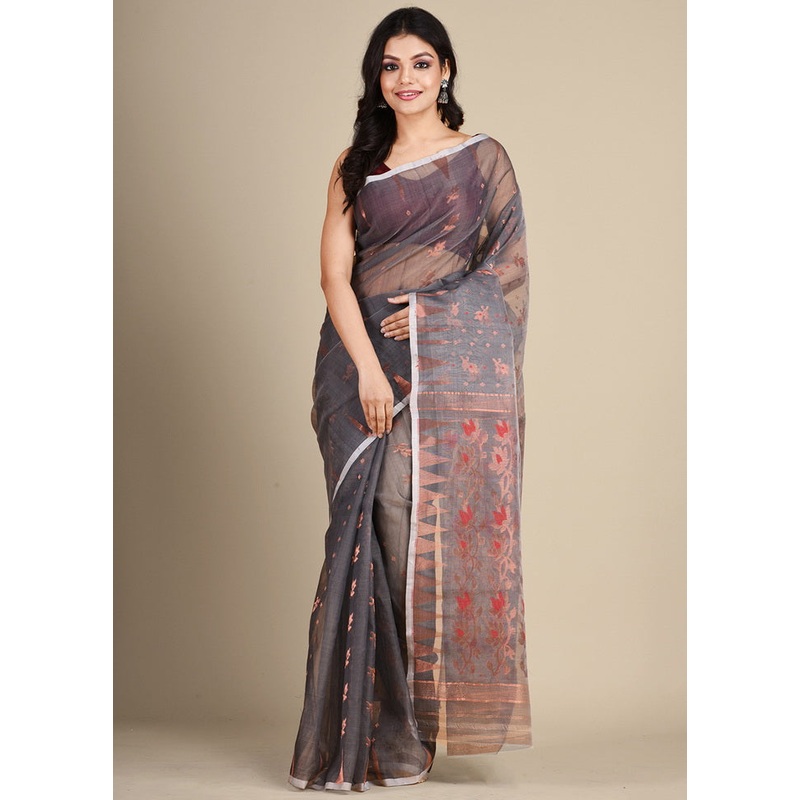 Grey Cotton Handloom Jamadani Saree Without Blouse - JD986595790