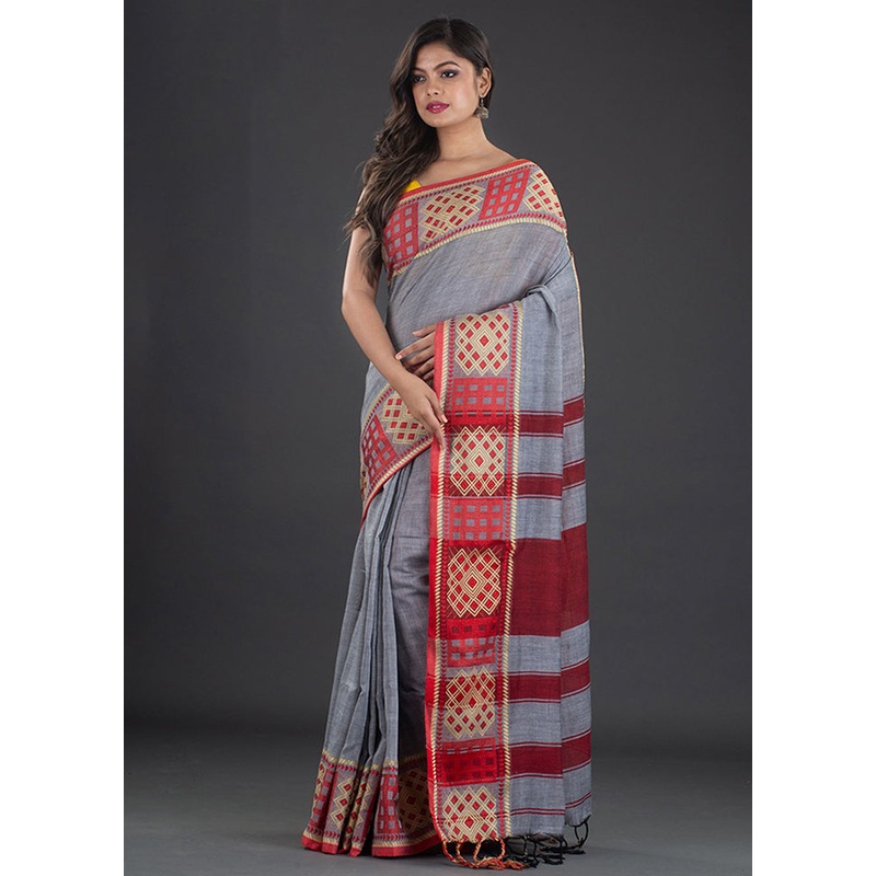 Grey Pure Cotton Saree With Blouse - JD986595857