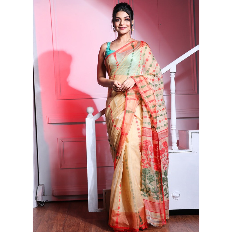 Light Beige Cotton Tant Jamdani Saree Without Blouse Piece - JD986595742