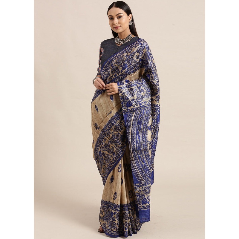 Madhubani Imprint Blue Ghicha Silk Saree - JD986595772