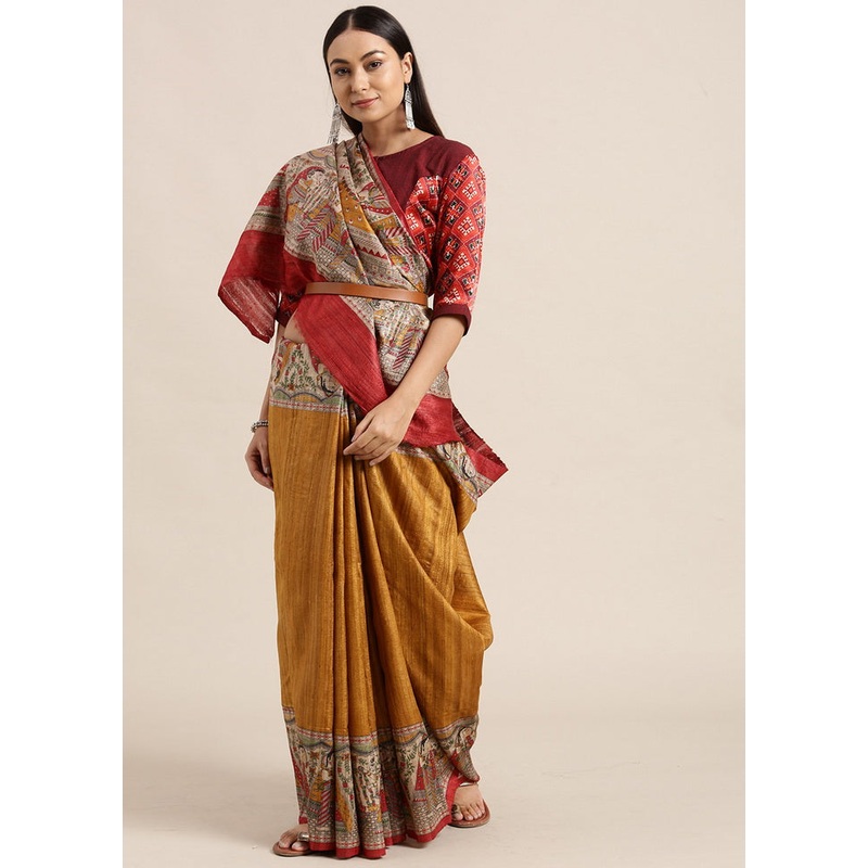 Madhubani Imprint Brown Ghicha Silk Saree - JD986595774