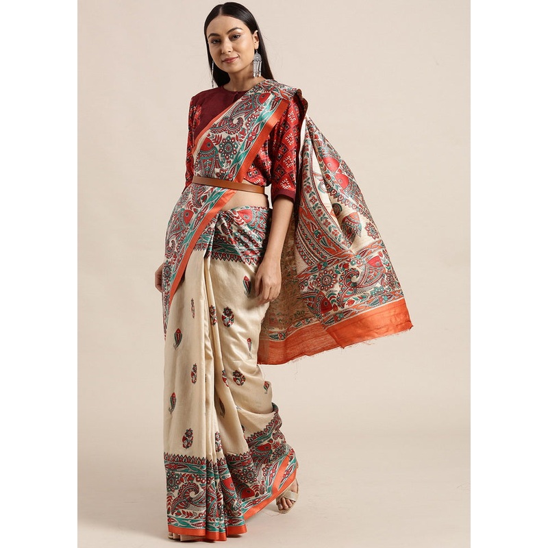 Madhubani Imprint Cream Ghicha Silk Saree - JD986595773