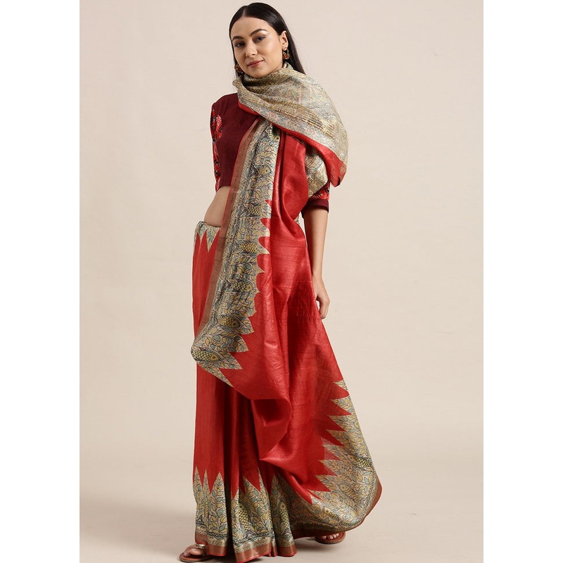 Madhubani Imprint Red Ghicha Silk Saree - JD986595775