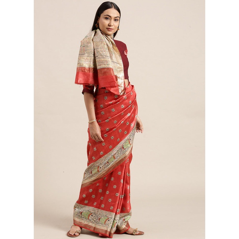Madhubani Imprint Red Ghicha Silk Saree - JD986595776