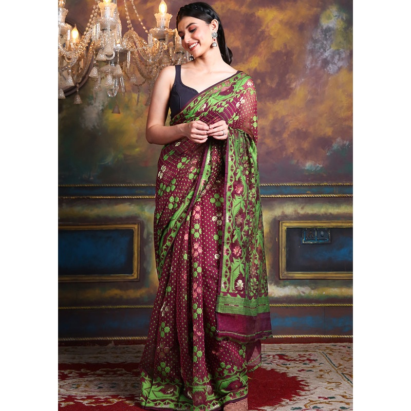 Maroon Cotton Tant Jamdani Saree Without Blouse Piece - JD986595731