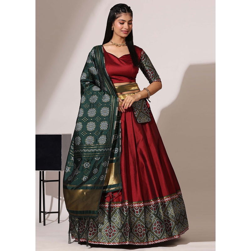 Maroon Silk Semi Stitched Lehenga Set - JD986595913