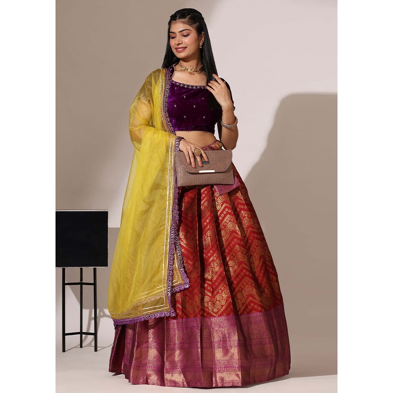 Maroon Silk Semi Stitched Lehenga Set - JD986595914