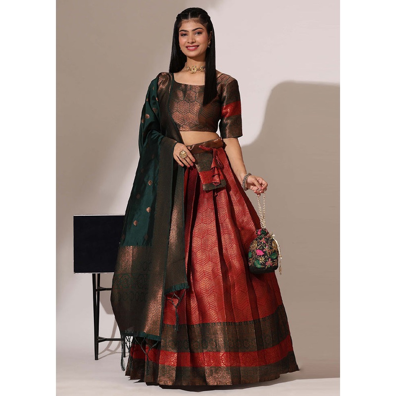 Maroon Silk Semi Stitched Lehenga Set - JD986595915