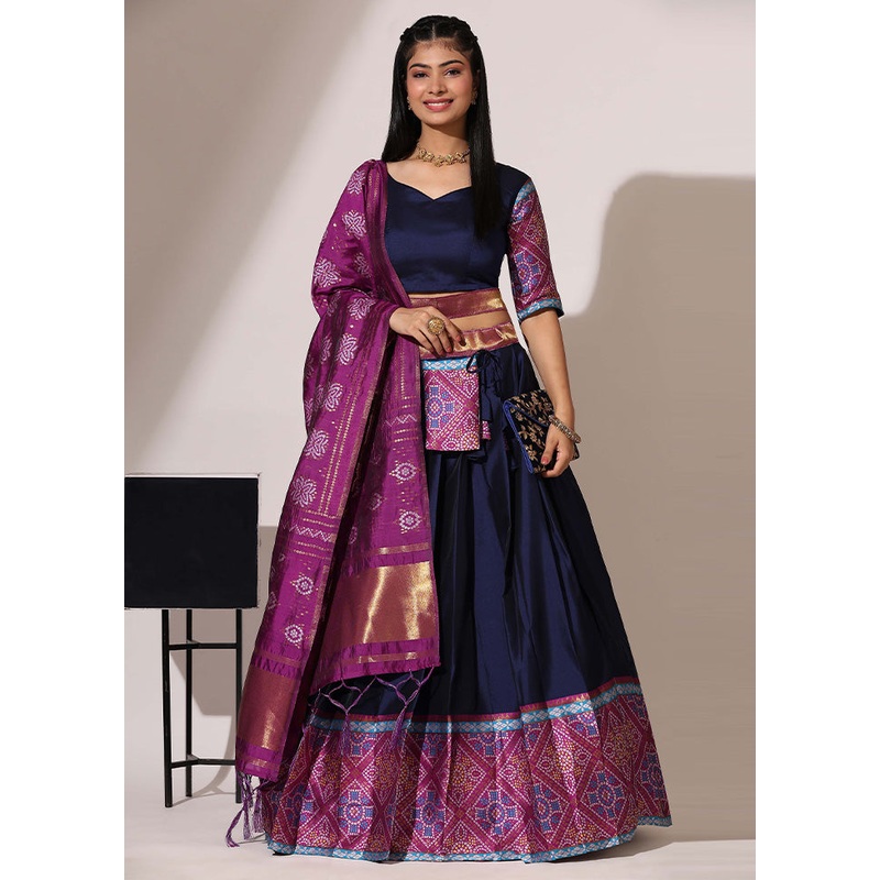 Navy Blue Silk Semi Stitched Lehenga Set - JD986595911