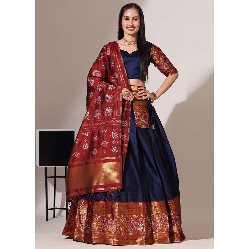 Navy Blue Silk Semi Stitched Lehenga Set - JD986595912