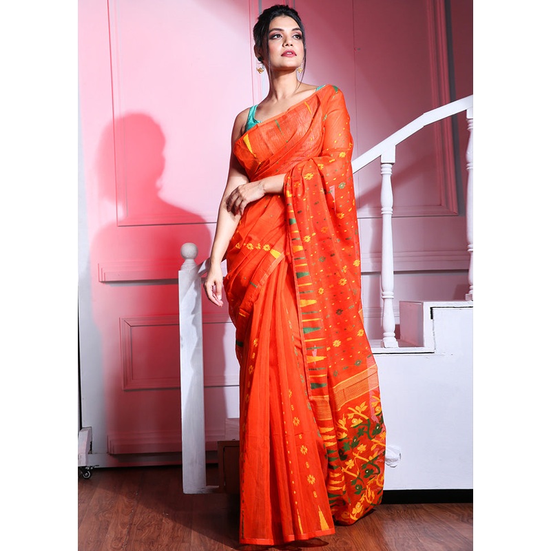 Orange Cotton Tant Jamdani Saree Without Blouse Piece - JD986595733