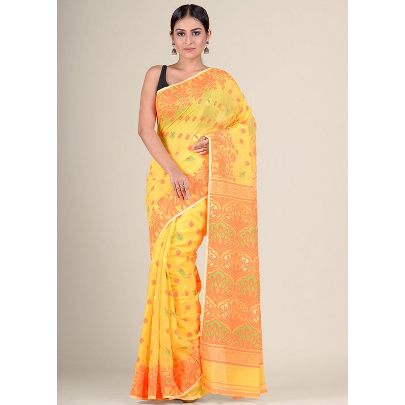 Orange Handwoven Tant Jamdani Silk Saree Without Blouse Piece - JD986595722