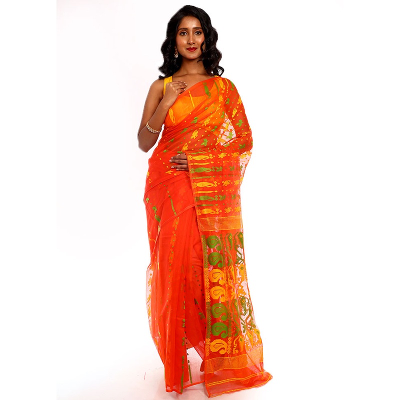 Orange Tant Jamdani Saree Without Blouse Piece - JD986595753