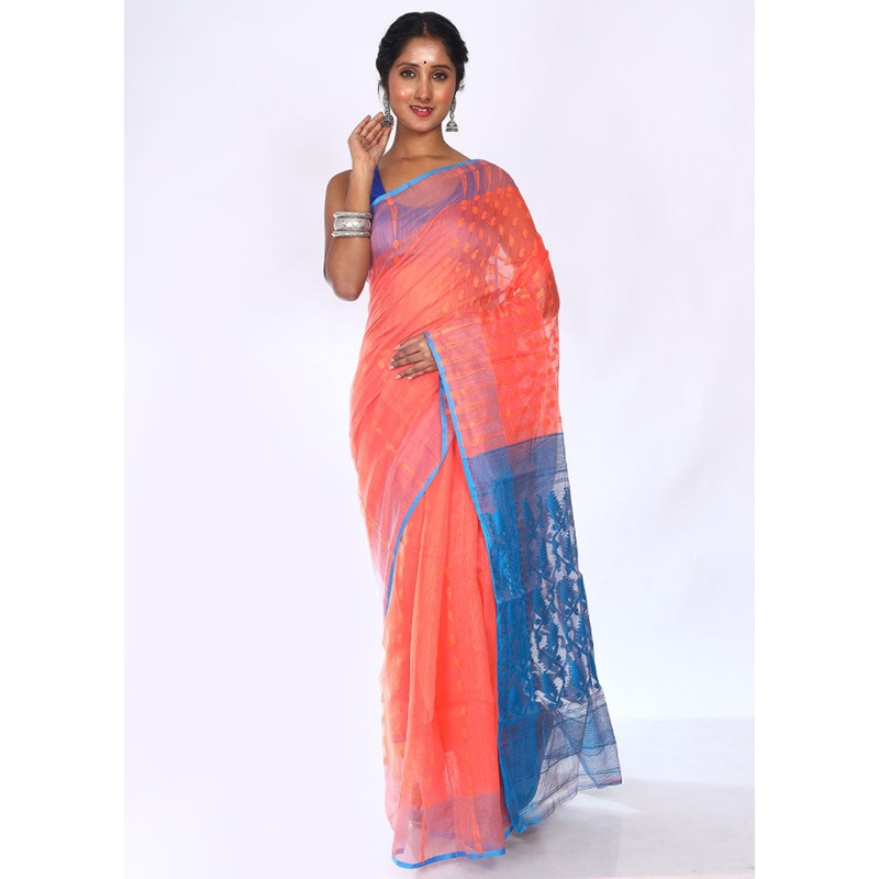 Peach Tant Jamdani Saree Without Blouse Piece - JD986595749