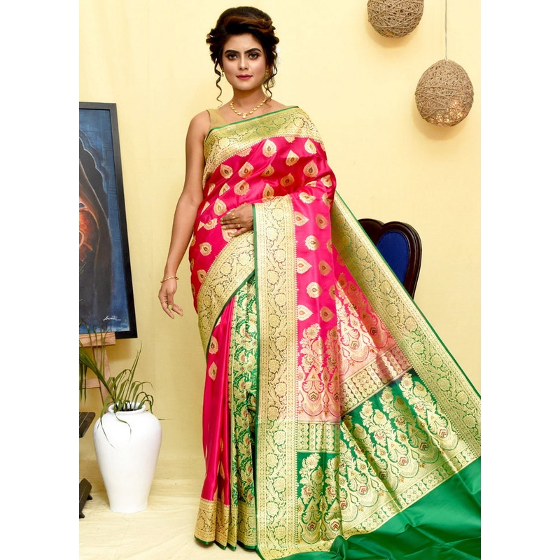 Pink Handloom Banarasi Pure Silk Saree With Blouse - JD986595792