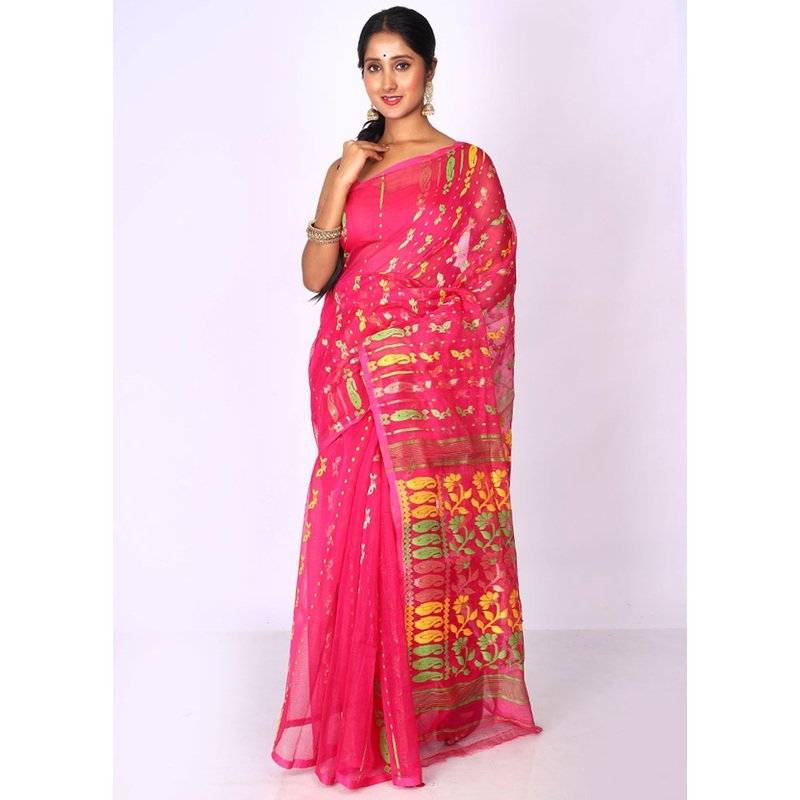 Pink Tant Jamdani Saree Without Blouse Piece - JD986595750