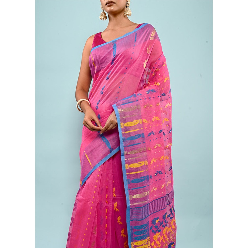 Pink Tant Jamdani Saree Without Blouse Piece - JD986595751