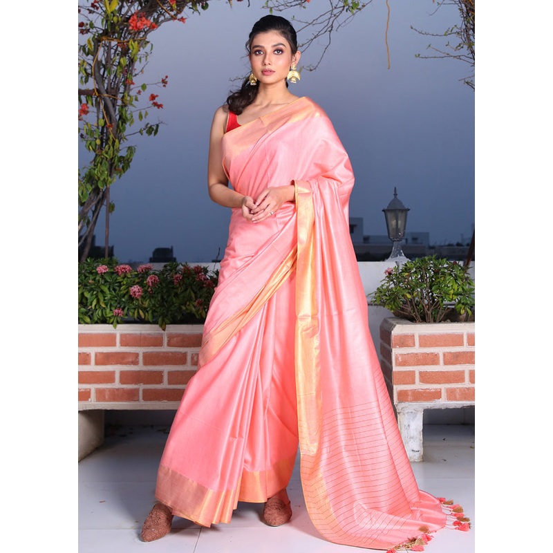 Pink Tussar Silk Saree With Blouse Piece - JD986595758
