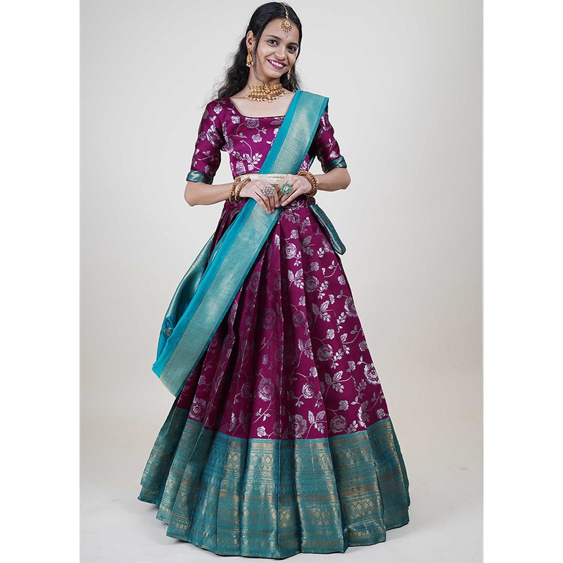 Purple Silk Semi Stitched Lehenga Set - JD986595908