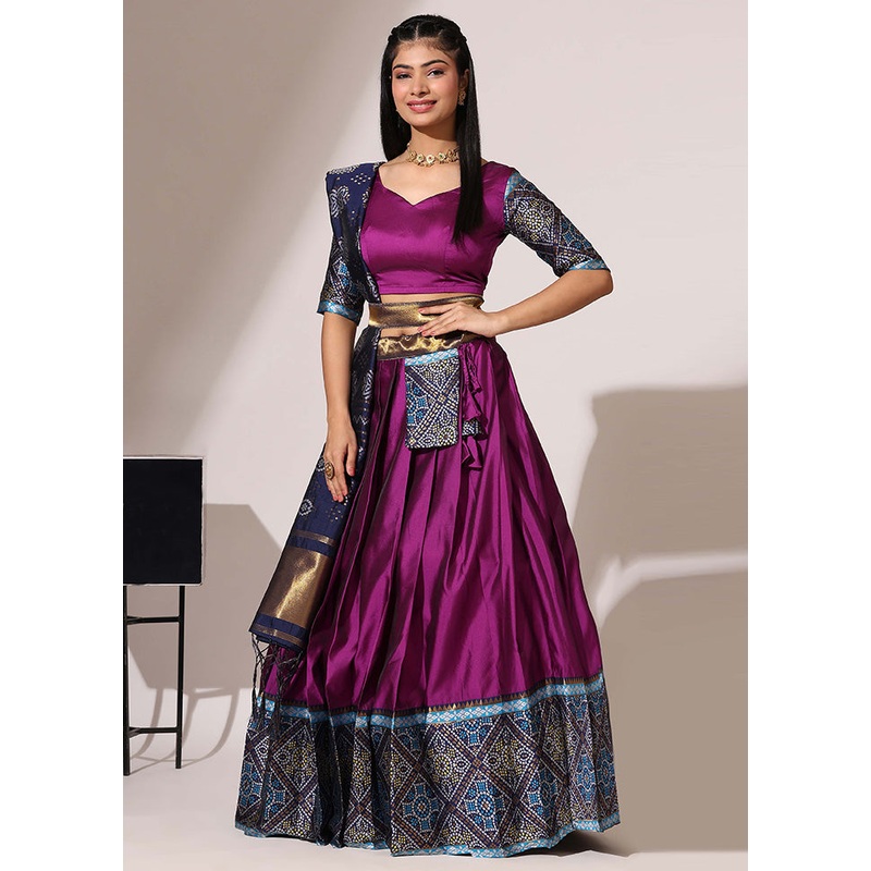 Purple Silk Semi Stitched Lehenga Set - JD986595909