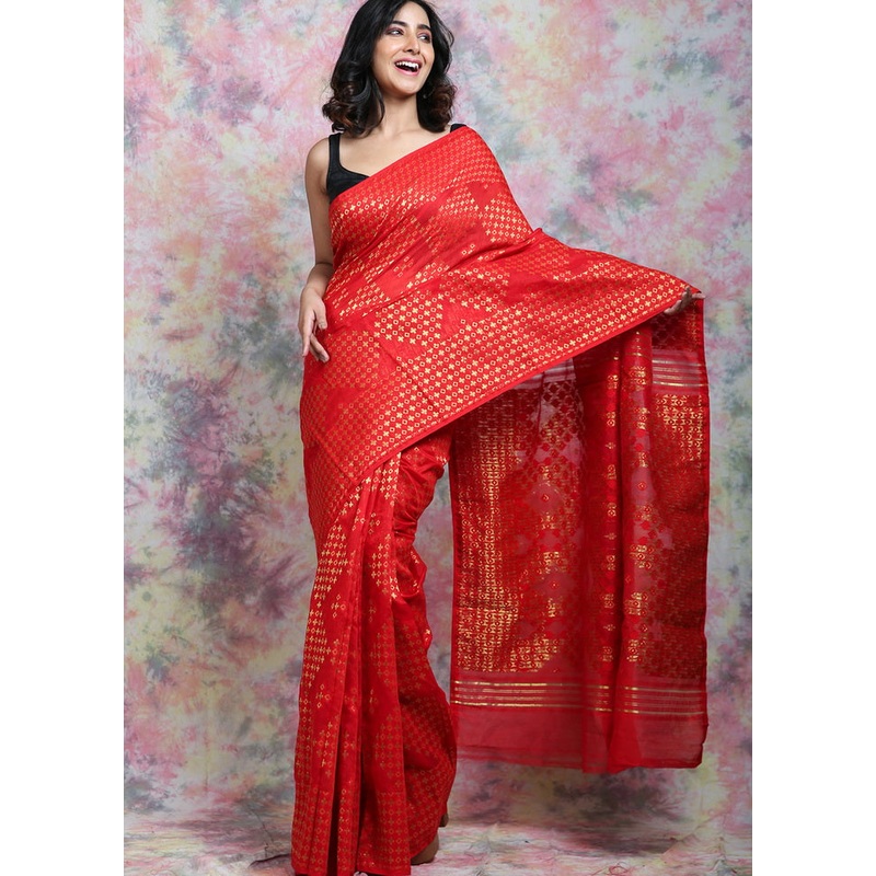 Red Jamdani Geometric Design Woven Saree - JD986595763