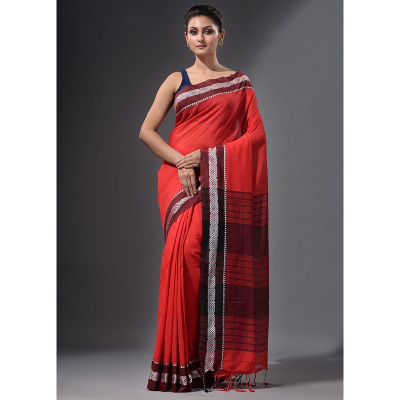 Red Pure Cotton Dual Tone Saree With Blouse - JD986595810