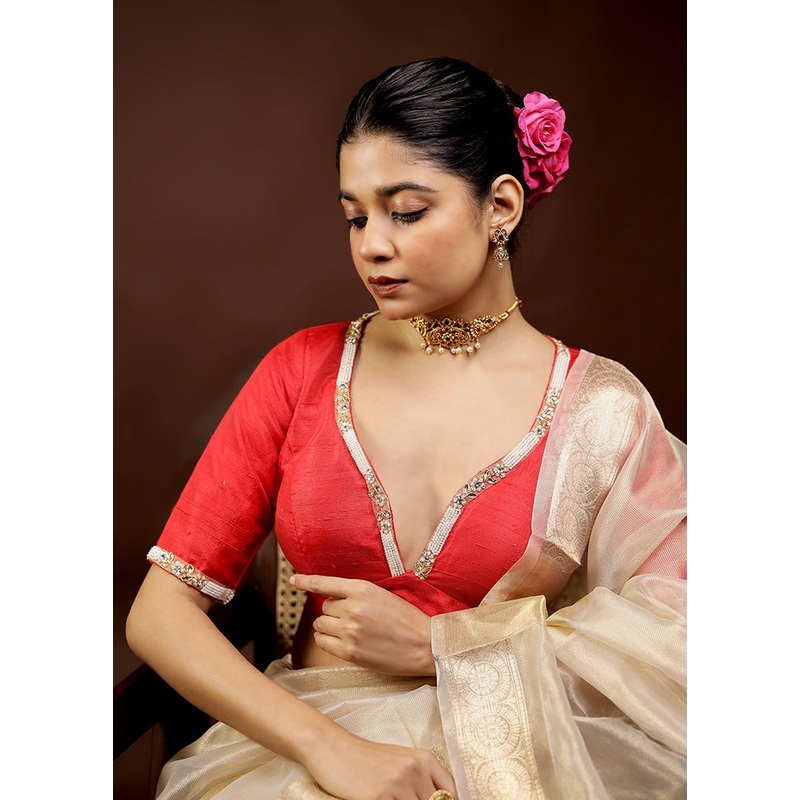 Red Raw Silk Designer Blouse - JD986595884