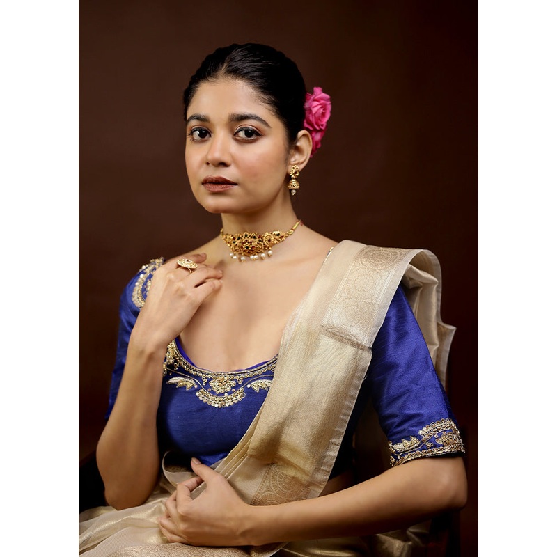 Royal Blue Dupion Silk Designer Blouse - JD986595883