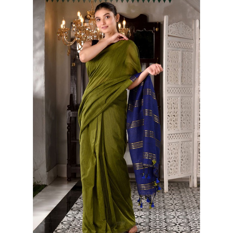 Sap Green Pure Cotton Embellished Saree With Blouse - JD986595831