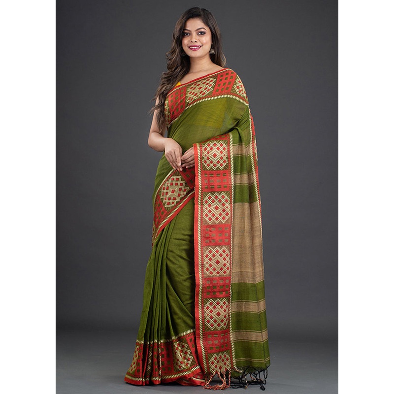 Sap Green Pure Cotton Saree With Blouse - JD986595853