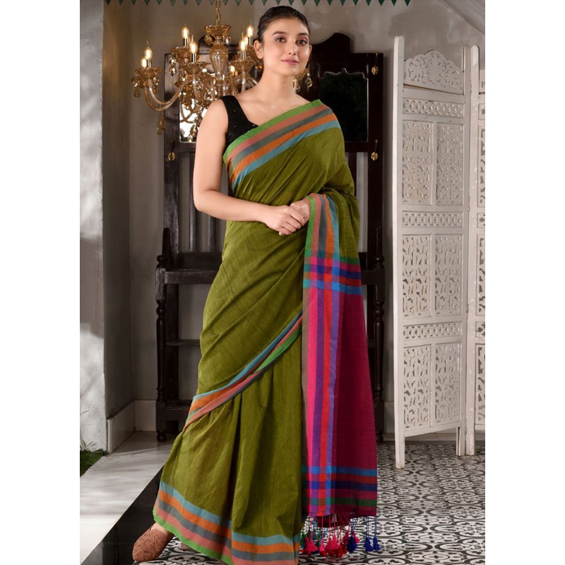 Sap Green Pure Cotton Textured Saree With Blouse - JD986595821