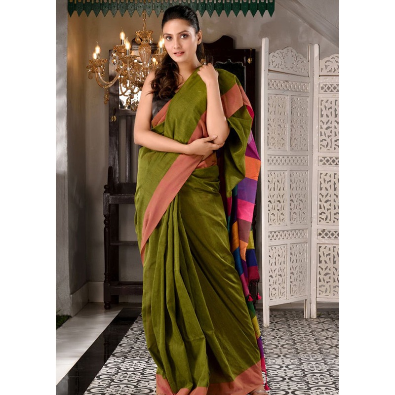Sap Green Pure Cotton Textured Saree With Blouse - JD986595834
