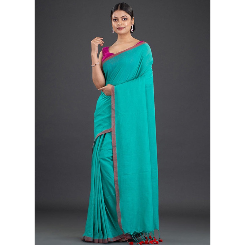 Sea Green Pure Cotton Solid Saree With Blouse - JD986595872