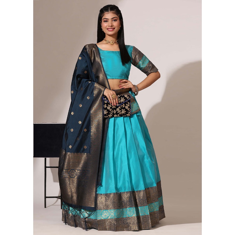 Sea Green Silk Semi Stitched Lehenga Set - JD986595906