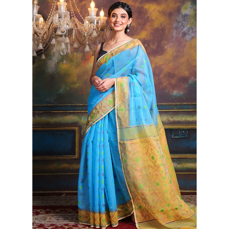 Sky Blue Cotton Tant Jamdani Saree Without Blouse Piece - JD986595732