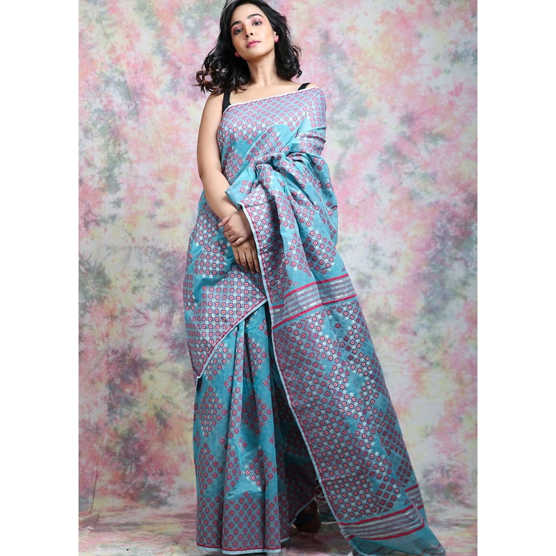 Sky Blue Jamdani Geometric Design Woven Saree - JD986595764