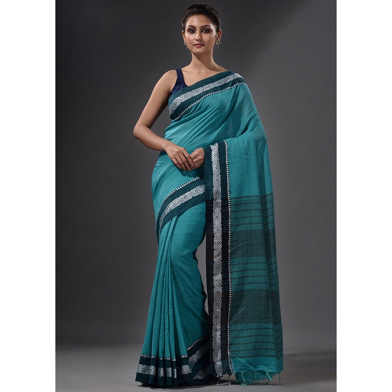 Sky Blue Pure Cotton Dual Tone Saree With Blouse - JD986595808