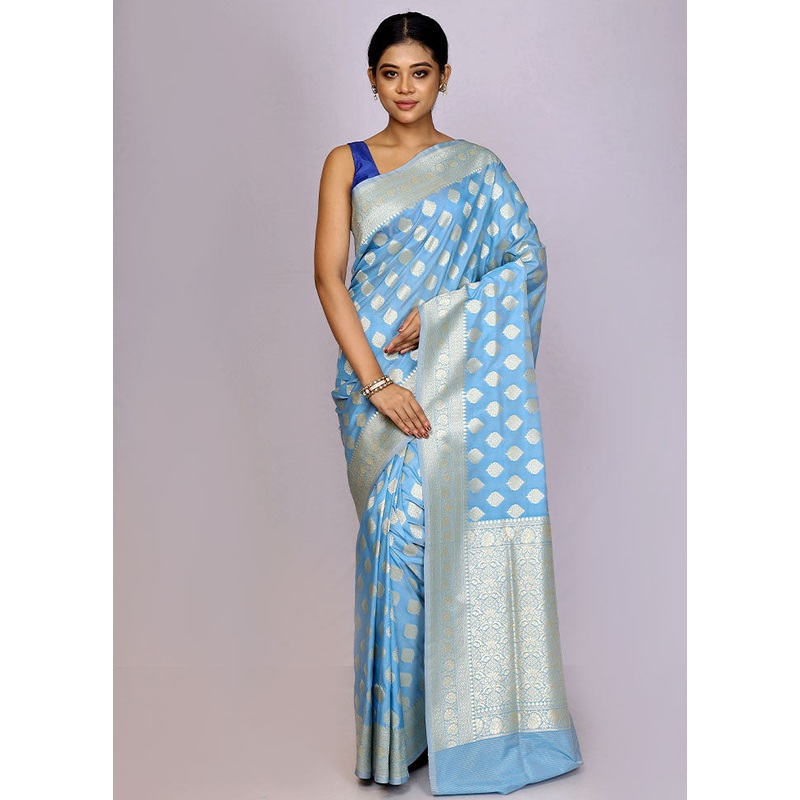 Sky Blue Uppada Silk Saree With Blouse Piece - JD986595762