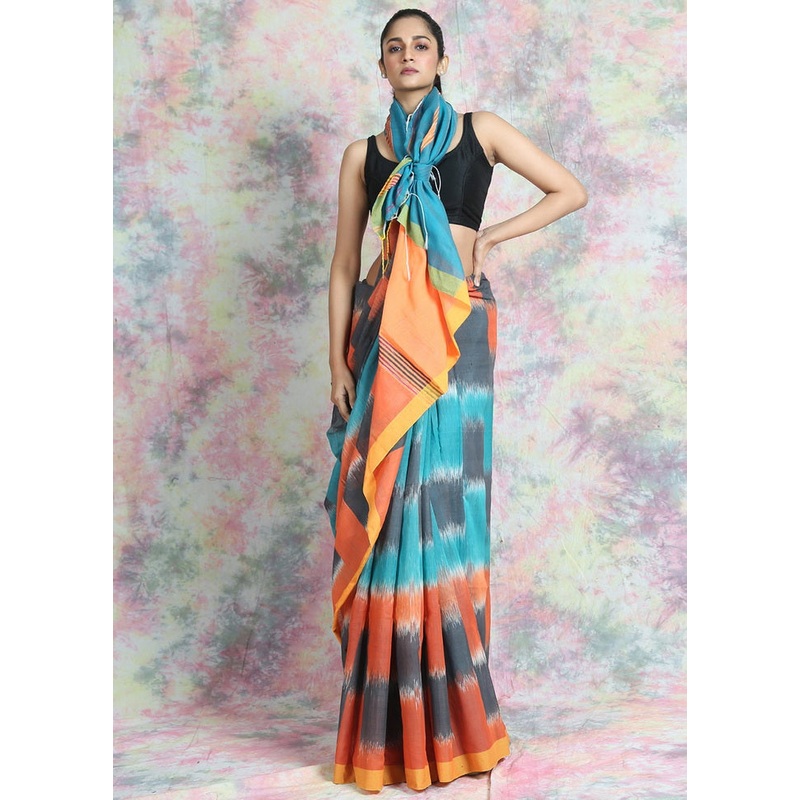 Sky Blue Woven Cotton Silk Saree With Blouse - JD986595782
