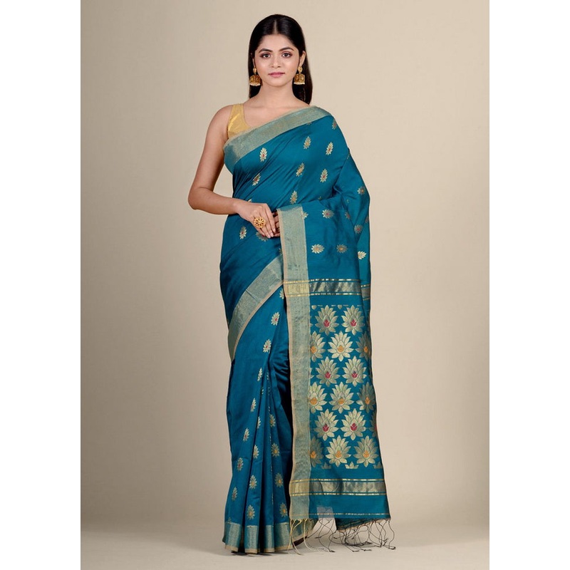 Teal Blue Blended Cotton Handwoven Saree - JD986595768