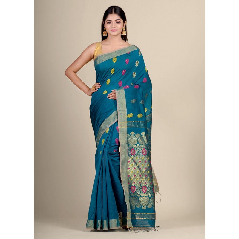 Teal Blue Blended Cotton Handwoven Saree - JD986595770
