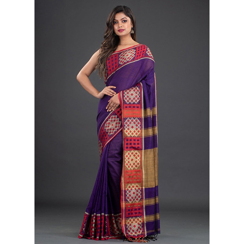 Violet Pure Cotton Saree With Blouse - JD986595851