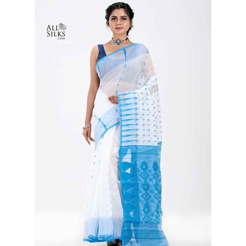 White Cotton Jamdani Saree Without Blouse Piece - JD986595726