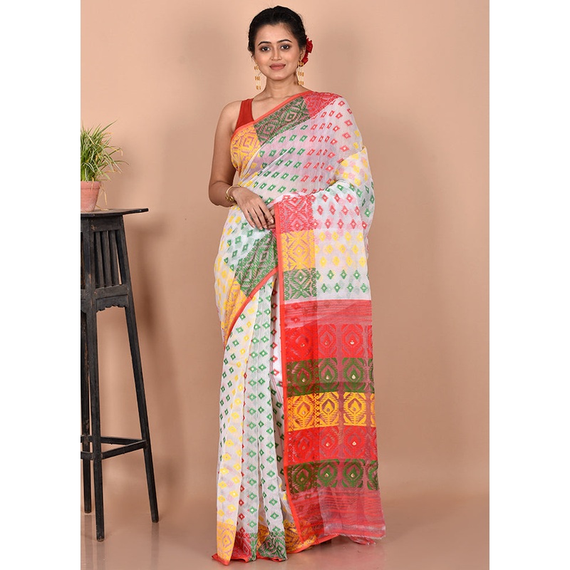 White Cotton Jamdani Saree Without Blouse Piece - JD986595746