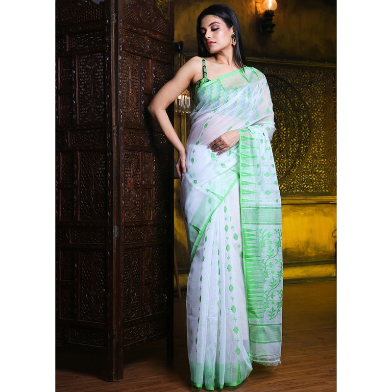 White Cotton Tant Jamdani Saree Without Blouse Piece - JD986595727