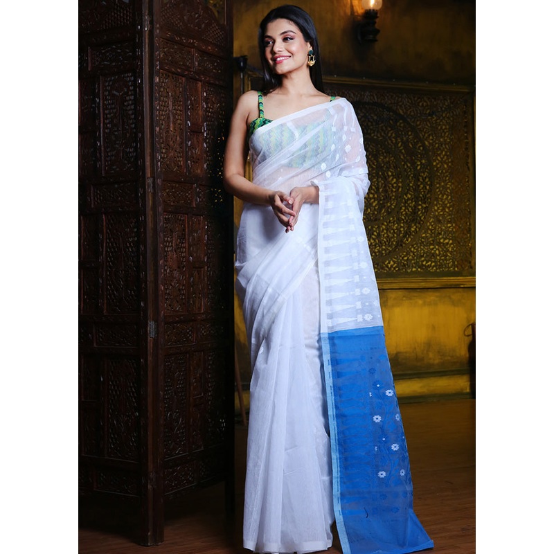 White Cotton Tant Jamdani Saree Without Blouse Piece - JD986595739