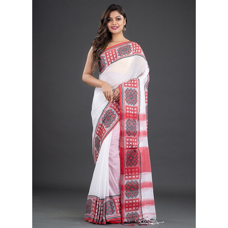 White Pure Cotton Saree With Blouse - JD986595855