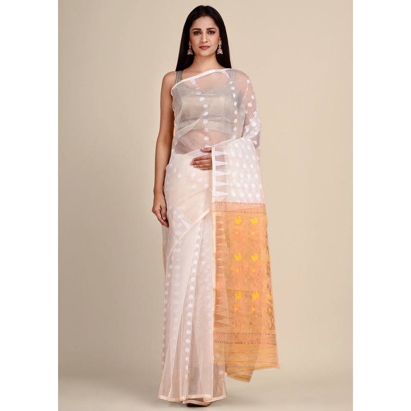 White Silk Handloom Jamadani Saree Without Blouse - JD986595791